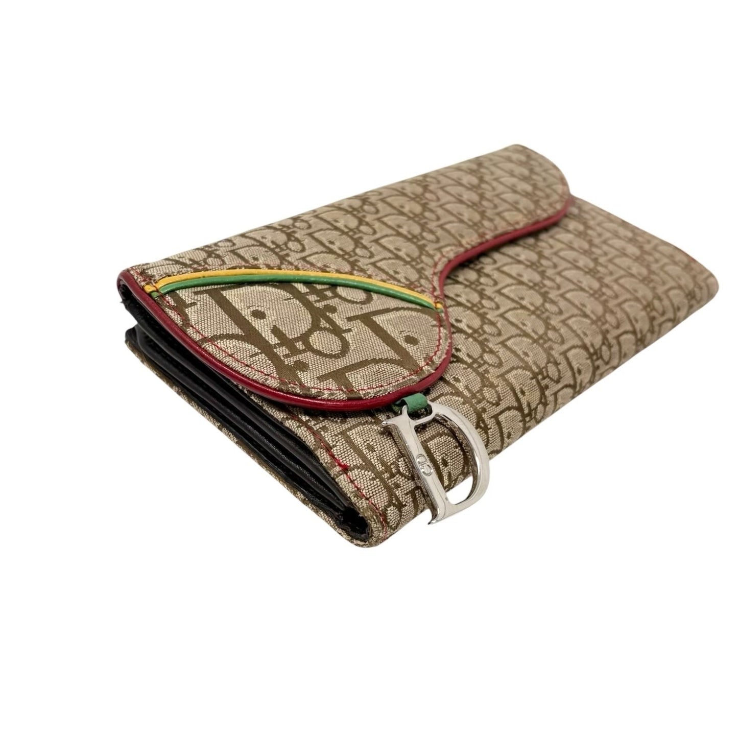 Christian Dior Vintage Trotter Monogram Rasta Color Canvas Saddle Wallet Beige