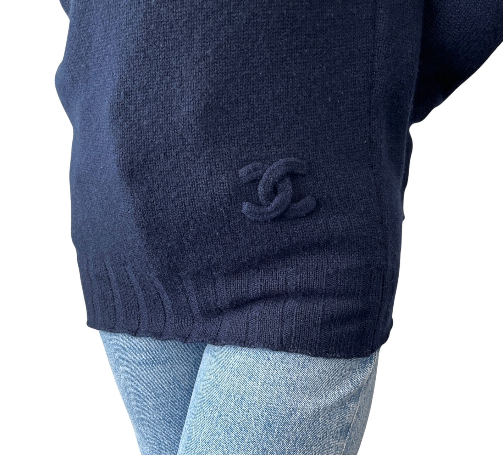 CHANEL Vintage P44576 CC Mark Logo Cashmere Knit Sweater Top #36 Dark Blue Navy