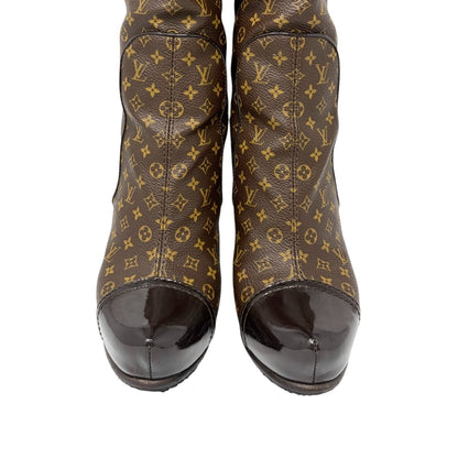 LOUIS VUITTON Vintage LV Monogram Long Boots #37-37.5 Heels Brown Black 902463