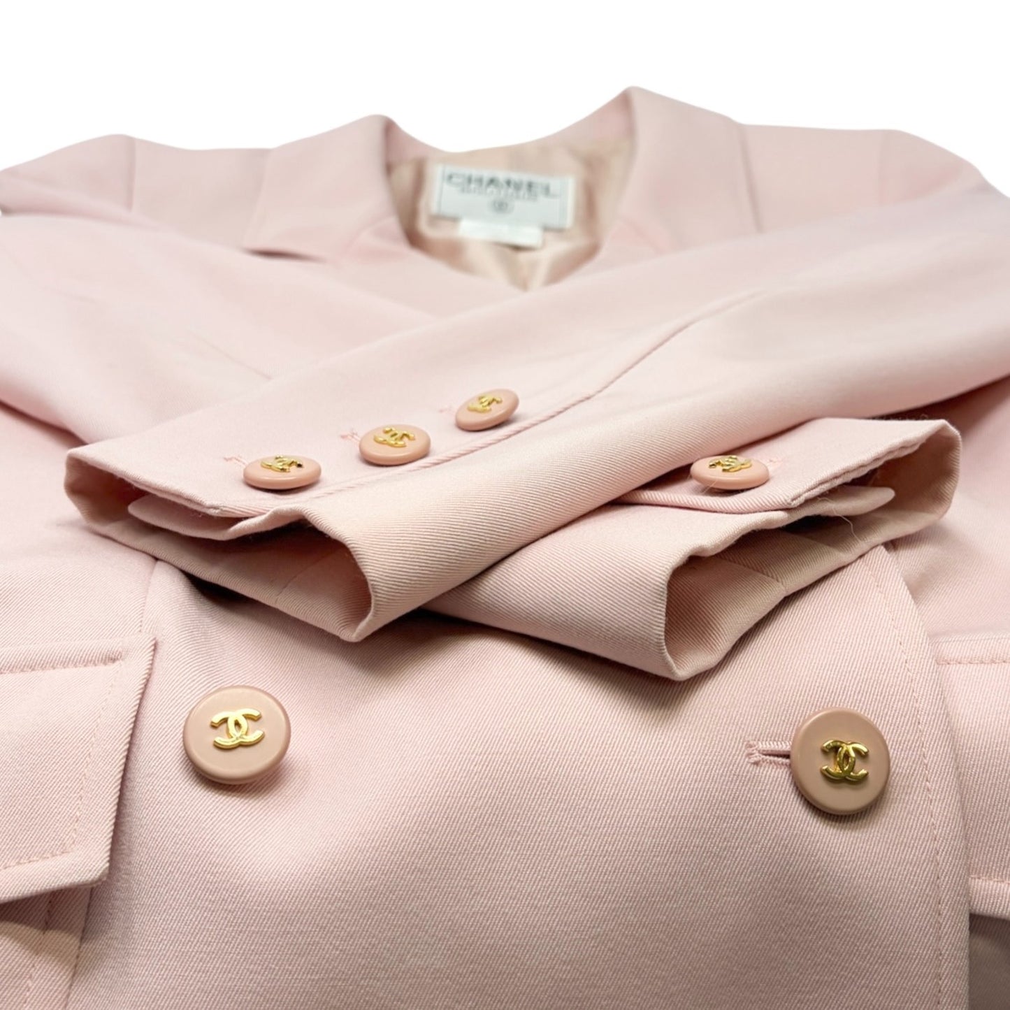 CHANEL Vintage 97P CC Logo Button Blazer Long Coat Jacket #40 Pink Wool