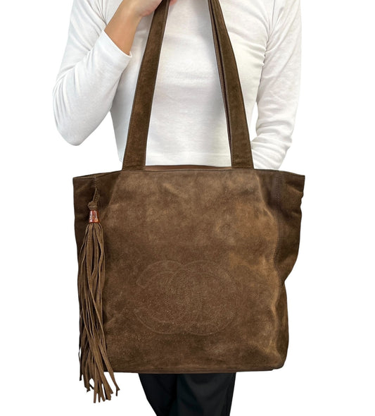 CHANEL Vintage CC Logo Suede Shoulder Tote Bag Fringe Brown Stitch 902594