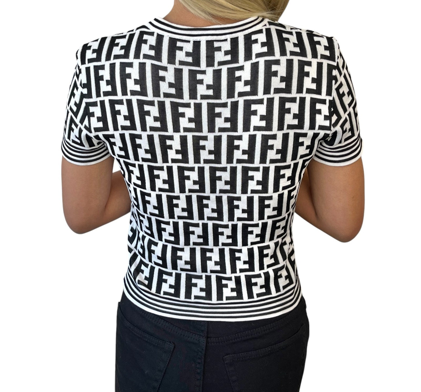 FENDI Vintage Zucca Knit Top T-shirt #40 White Black Monogram Short Sleeve