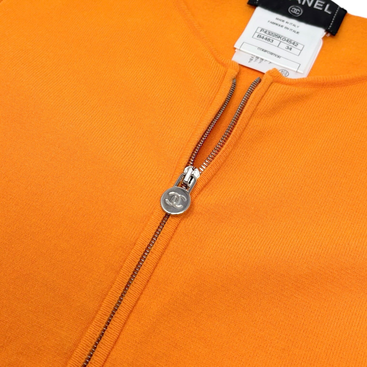 CHANEL Vintage P43225 CC Logo Zip Knit Cardigan Top #34 Orange Silver 902840