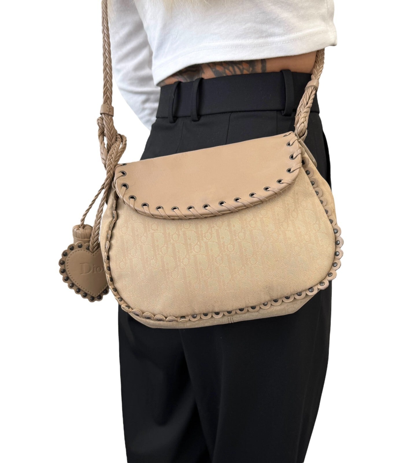 Christian Dior Vintage 2007 Trotter Monogram Crossbody Bag Charm Cream Leather