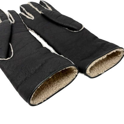 CHANEL Vintage Big CC Logo Shearling Trim Leather Gloves #7 Brown 901931