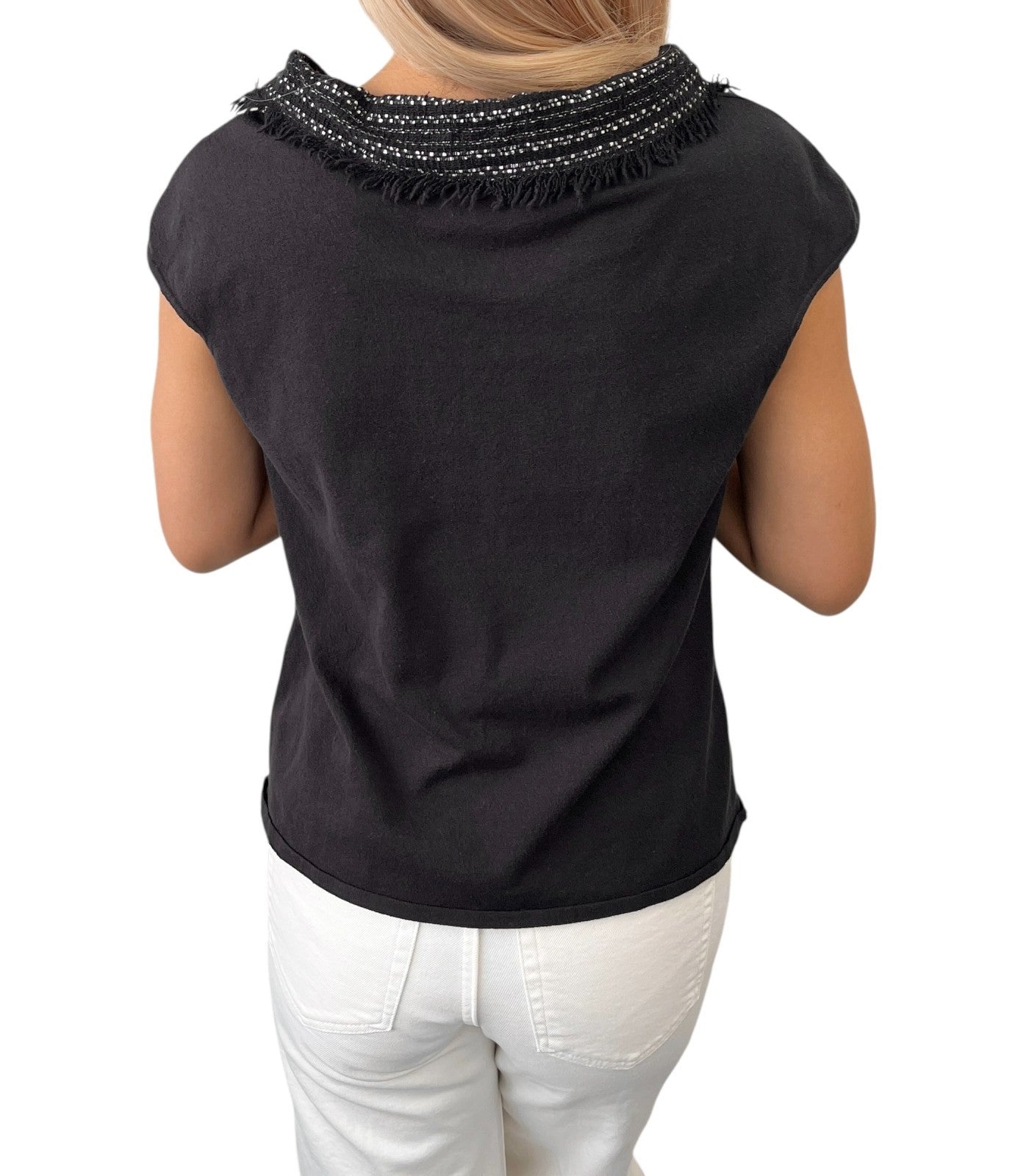 CHANEL Vintage 05P CC Logo Knit Top Pullover #44 Black Short Sleeve Tweed