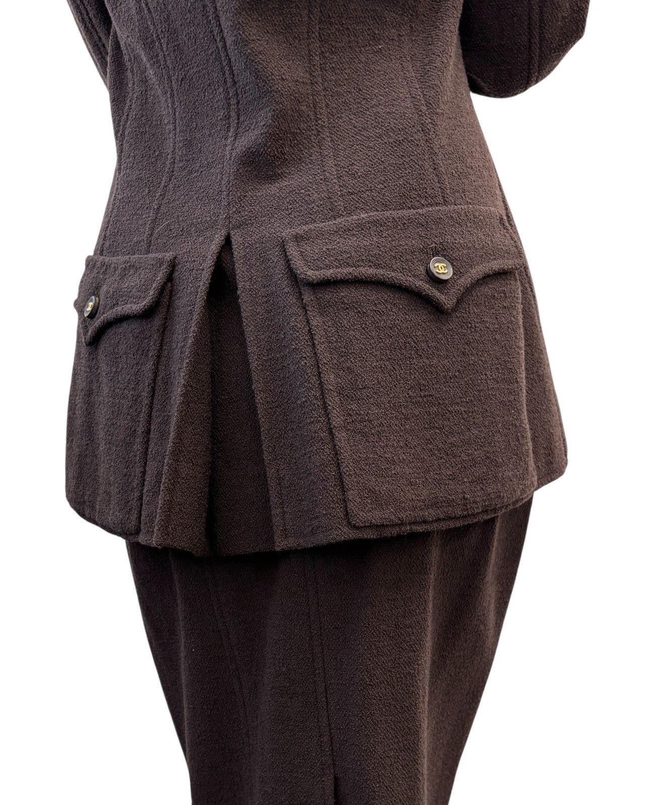 CHANEL Vintage 95A Tweed Suits Jacket Skirt #40 Wool Button Brown Gold