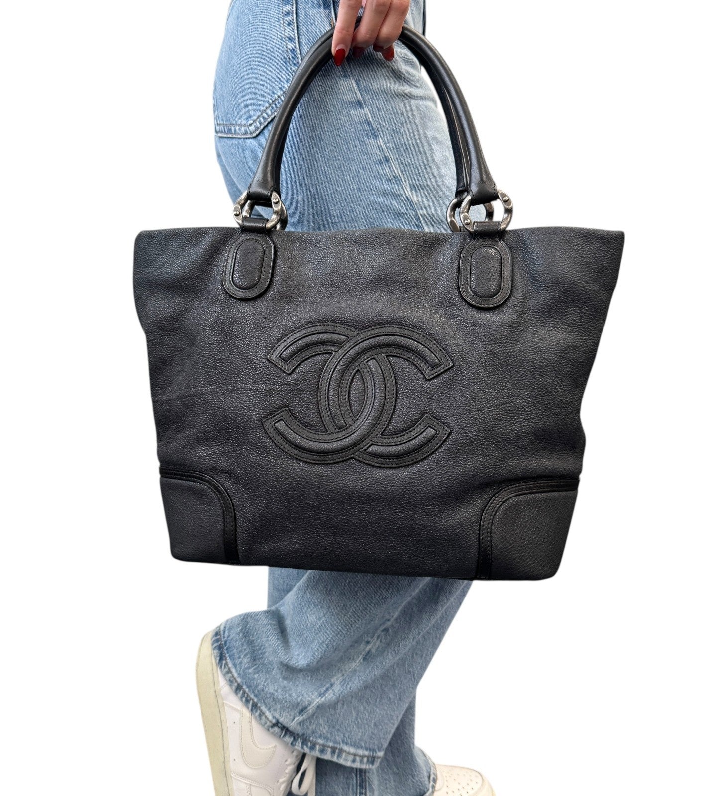 CHANEL Vintage Calfskin Leather Tote Shoulder Bag Black Distressed CC Stitch