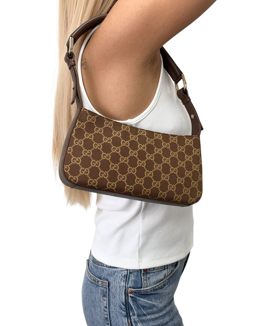 GUCCI Vintage GG Monogram Mini Shoulder Bag Pochette Brown Canvas 901851