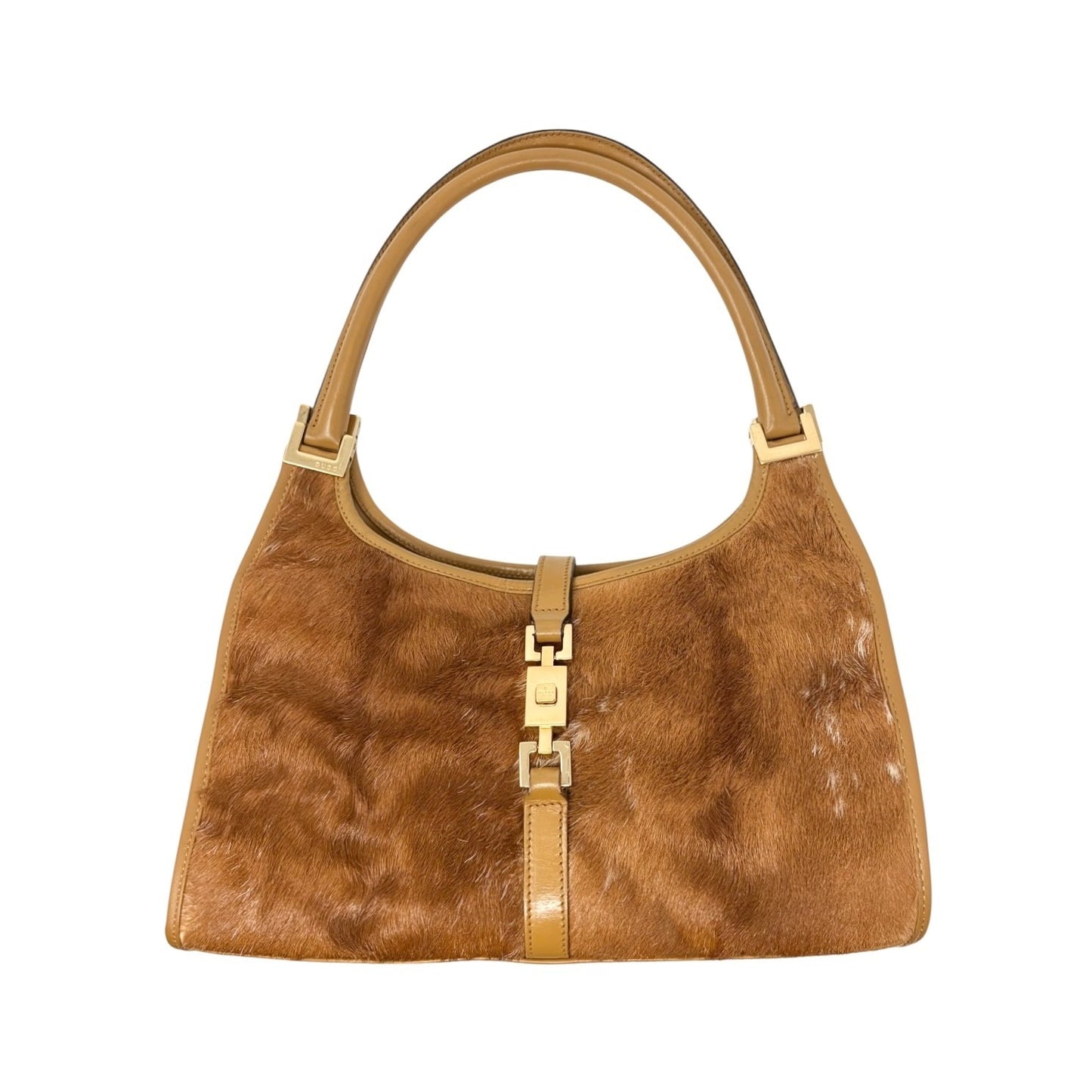 GUCCI Vintage Logo Jackie Pony Calf Hair Shoulder Bag Brown Gold 901855
