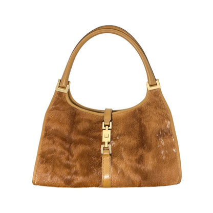 GUCCI Vintage Logo Jackie Pony Calf Hair Shoulder Bag Brown Gold 901855