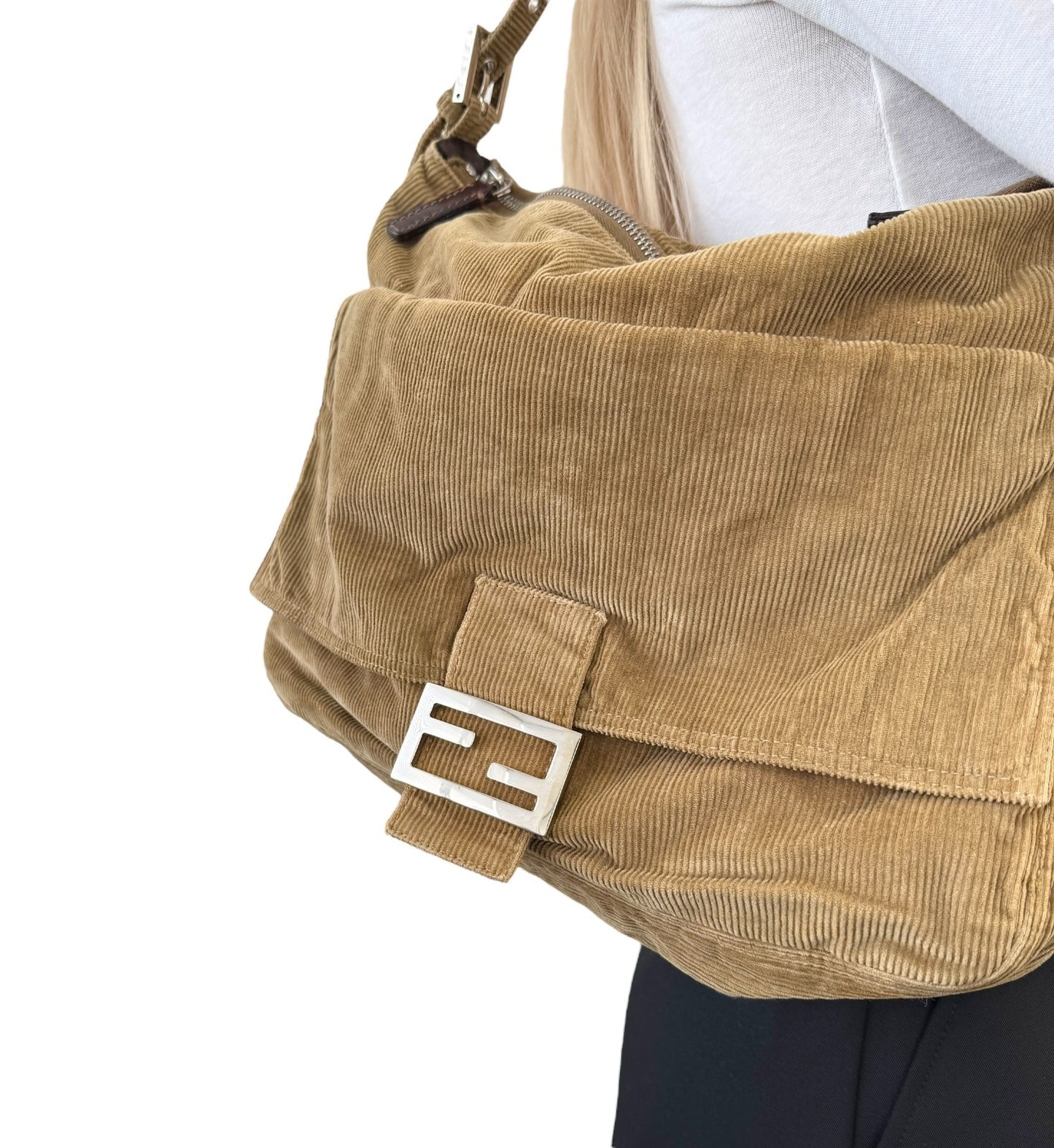 FENDI Vintage FF Logo Mamma Baguette Corduroy Shoulder Bag Beige Silver