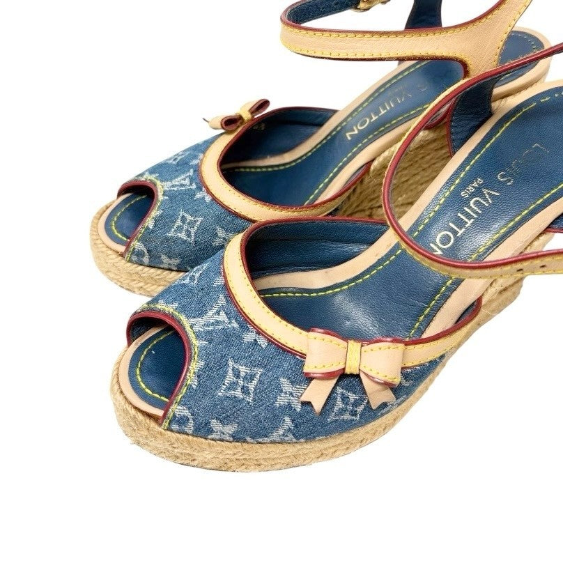 LOUIS VUITTON Vintage Logo Monogram Sandals Heels #36.5 Blue Beige Denim