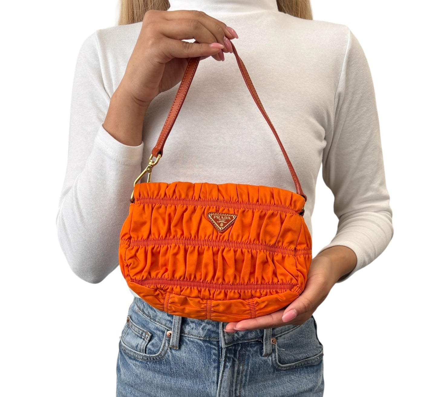 PRADA Vintage Logo Tessuto Gaufre Pochette Shoulder Nylon Bag Orange Gold