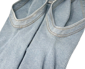 CHANEL Vintage CC Logo Rib Knit Vest Top Denim Light Blue Gold Cotton Rank AB