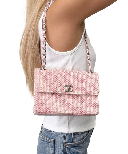 CHANEL Vintage CC Logo Quilted Chain Shoulder Bag Pink Cream Tweed 902313