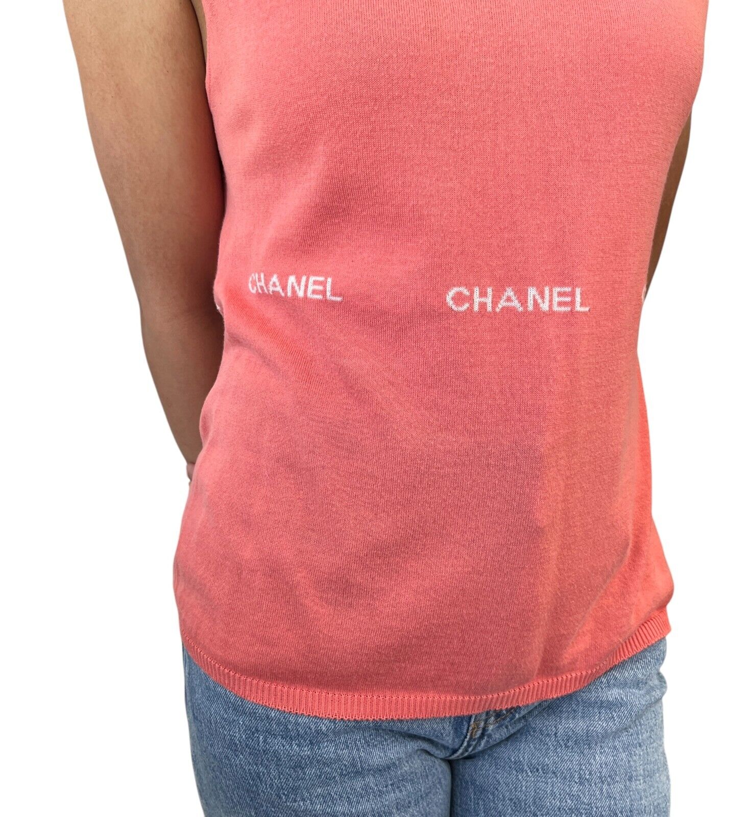 CHANEL Vintage 04P CC Logo Knit Tank Top #40 Sleeveless Top Orange Cotton