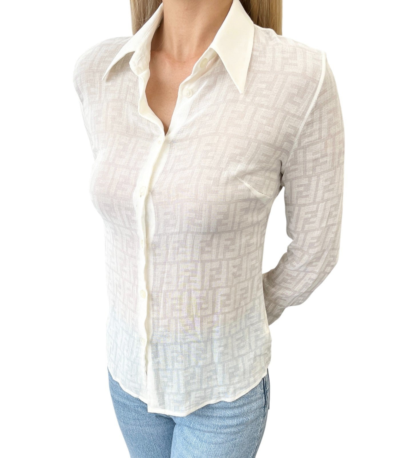 FENDI Vintage Zucca Monogram See-through Top Shirt Blouse #40 Beige White Cotton