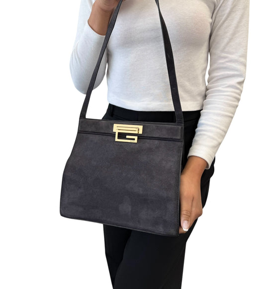 GUCCI Vintage G Square Logo Shoulder Bag Gray Gold Suede Leather 902248