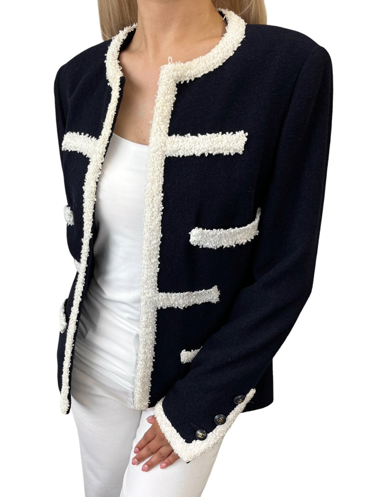 CHANEL Vintage CC Logo Button Tweed Jacket Blue White Wool Silk 106914