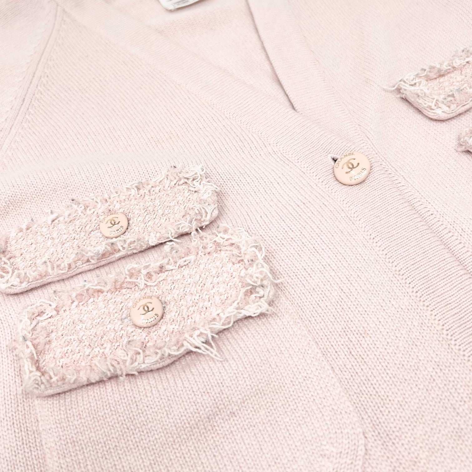 CHANEL Vintage 09A Logo Long Cardigan Top Sweater ＃40 Pink Cashmere Knit Tweed