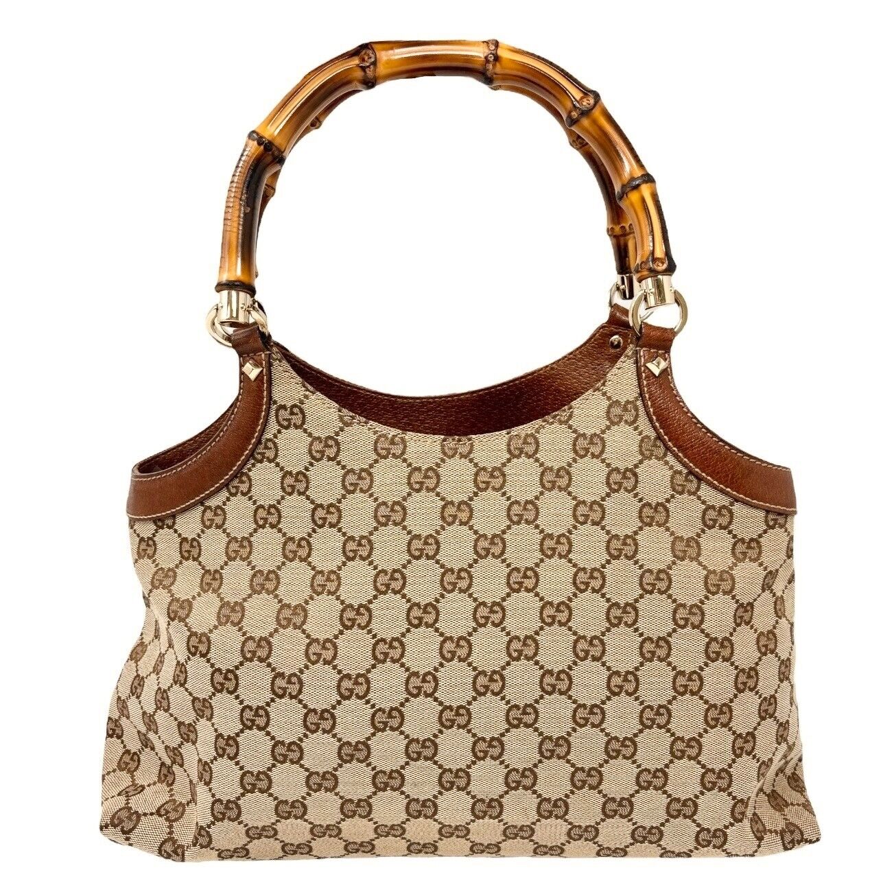 GUCCI Vintage GG Logo Monogram Bamboo Tote Bag Brown Gold Canvas Rank AB