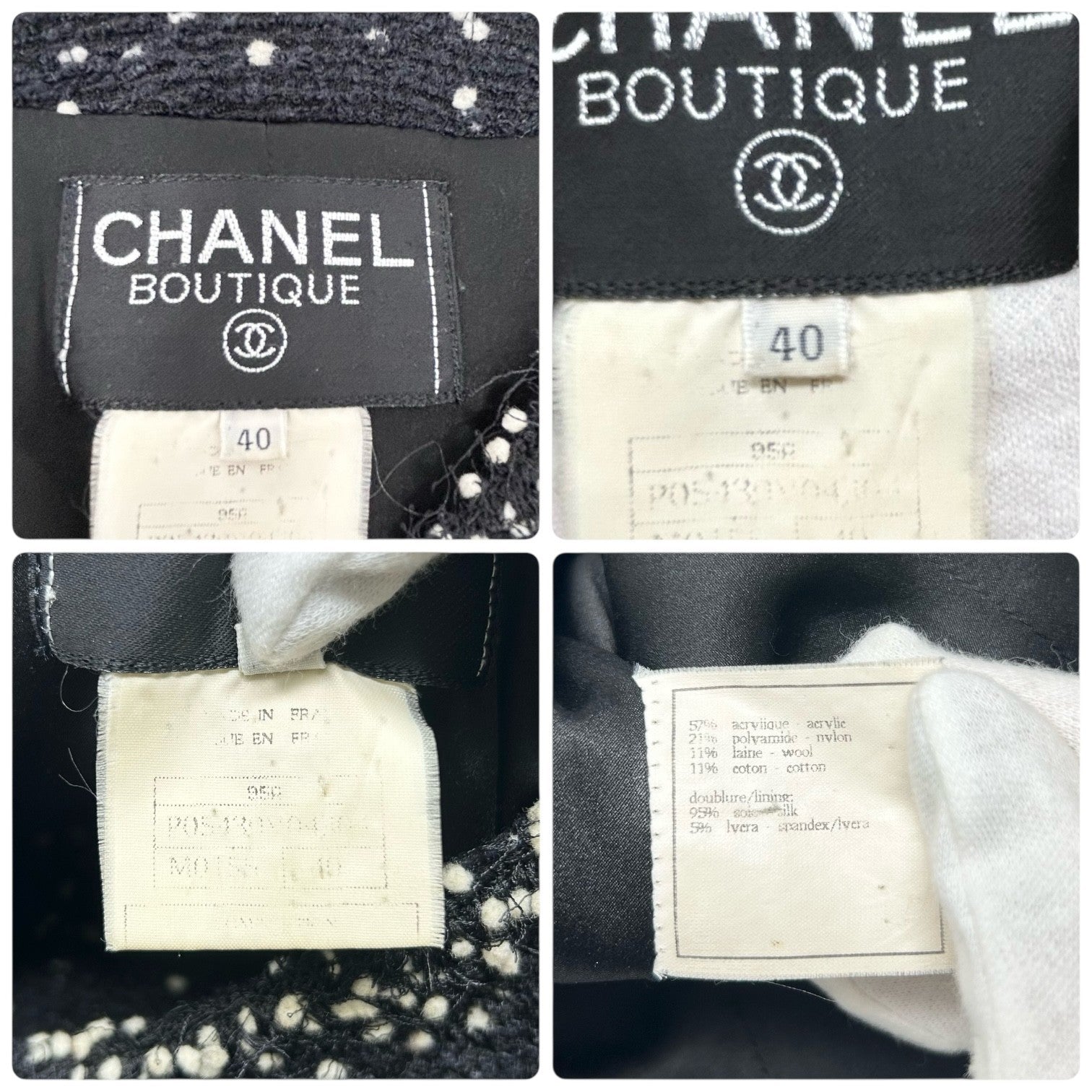 CHANEL Vintage 95A CC Logo Tweed Jacket Blazer #40 Black Wool Long Sleeve