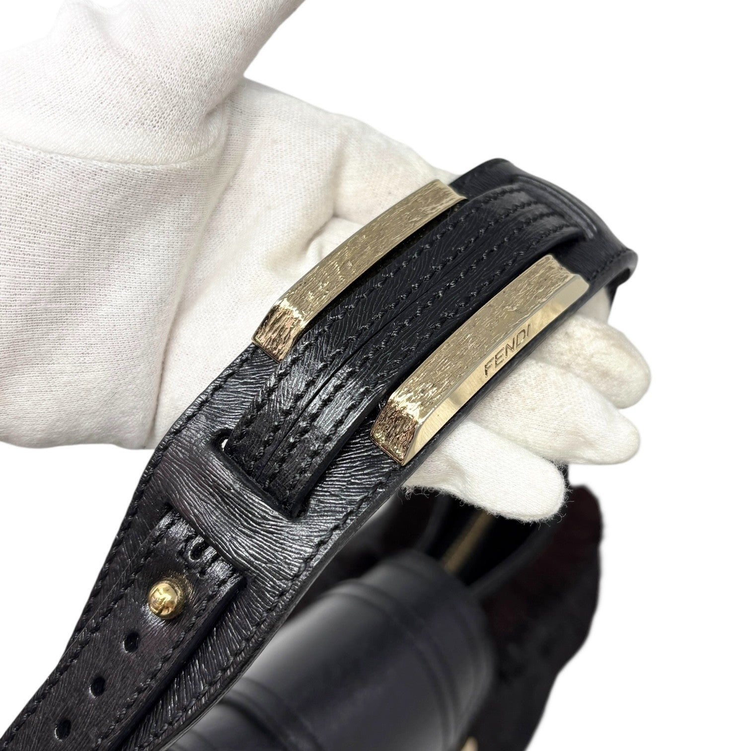 FENDI Vintage Logo Fur Baguette Mini Shoulder Bag Handbag Black Gold Leather