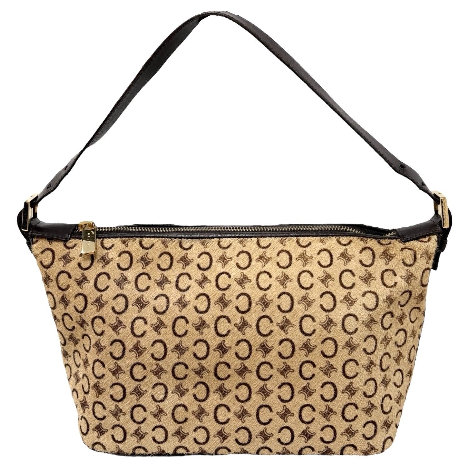 CELINE Vintage Macadam Logo Shoulder Bag Beige Brown Pony Calf Hair Leather