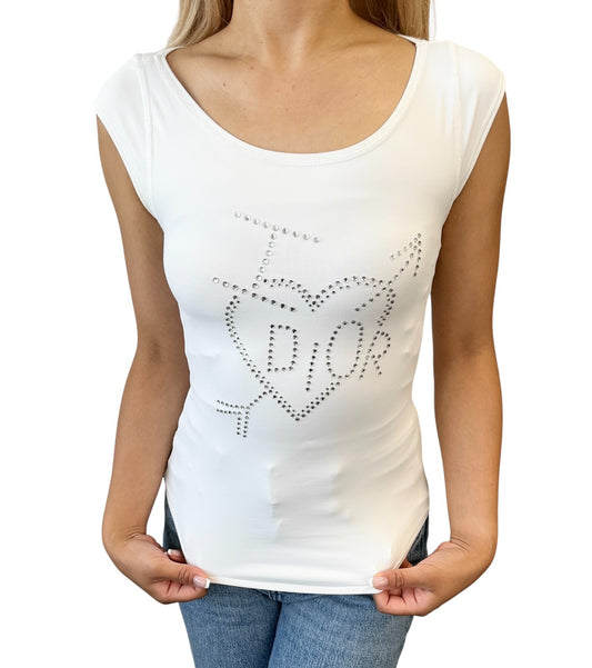 Dior Vintage 2004 I Love Dior Logo Rhinestone Tank Top #38 White Nylon 901806