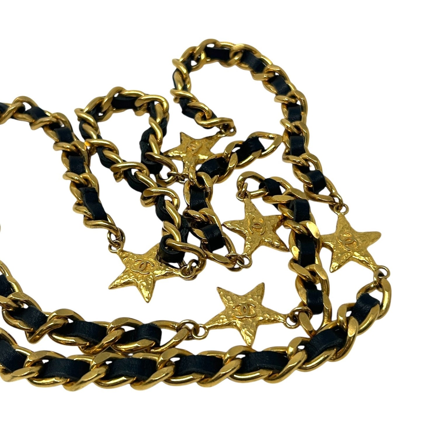CHANEL Vintage 95A CC Logo Chain Belt Gold Black Leather Metal Star Accessory