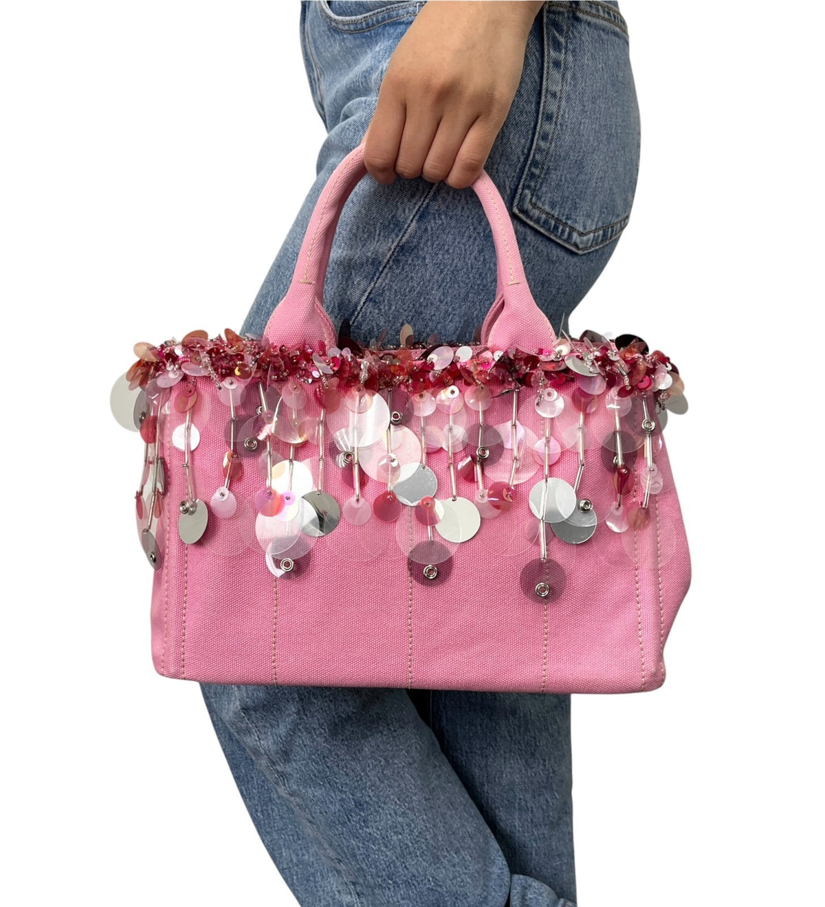 PRADA Vintage Triangle Logo Canapa Sequin Beads Hand bag Pink Canvas 902371