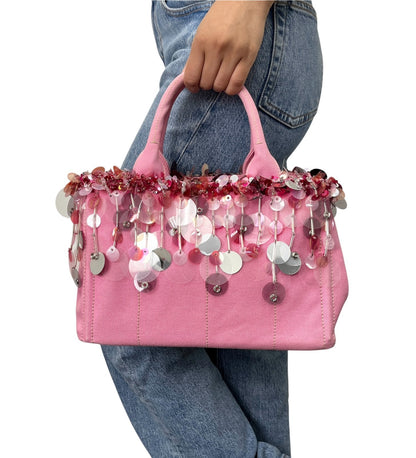 PRADA Vintage Triangle Logo Canapa Sequin Beads Hand bag Pink Canvas 902371