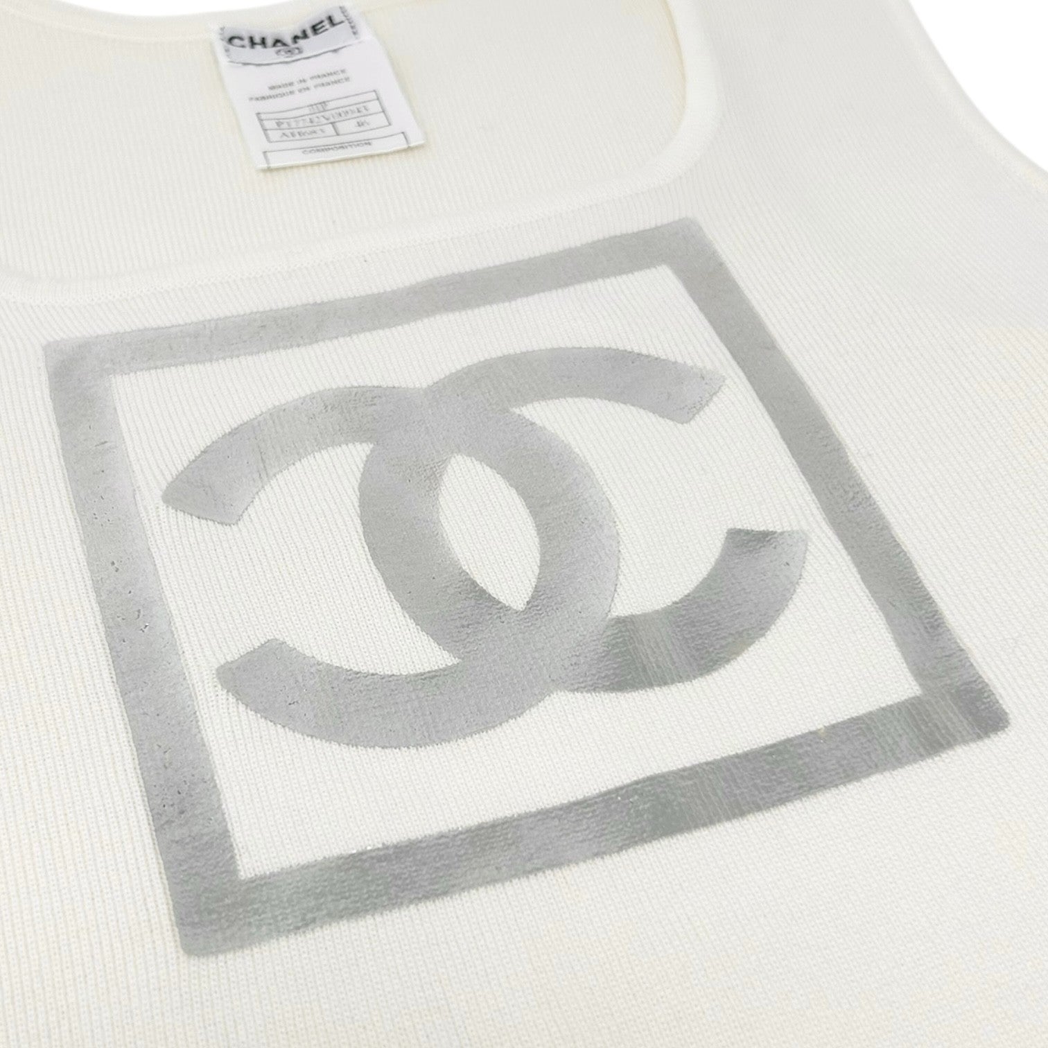 CHANEL Vintage 01P CC Logo Tank Top #46 White Cream Silver Cotton Sleeveless