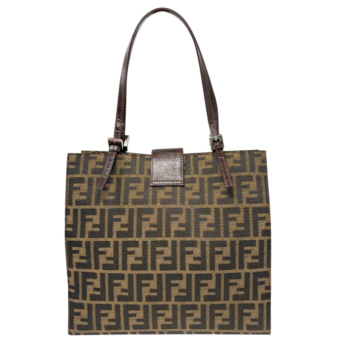 Fendi Vintage Zucca Canvas Tote Shoulder Bag Brown FF Logo Monogram Leather