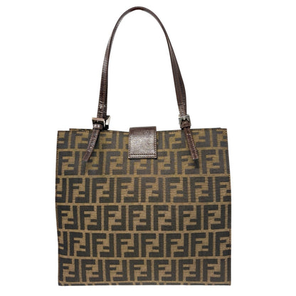 Fendi Vintage Zucca Canvas Tote Shoulder Bag Brown FF Logo Monogram Leather