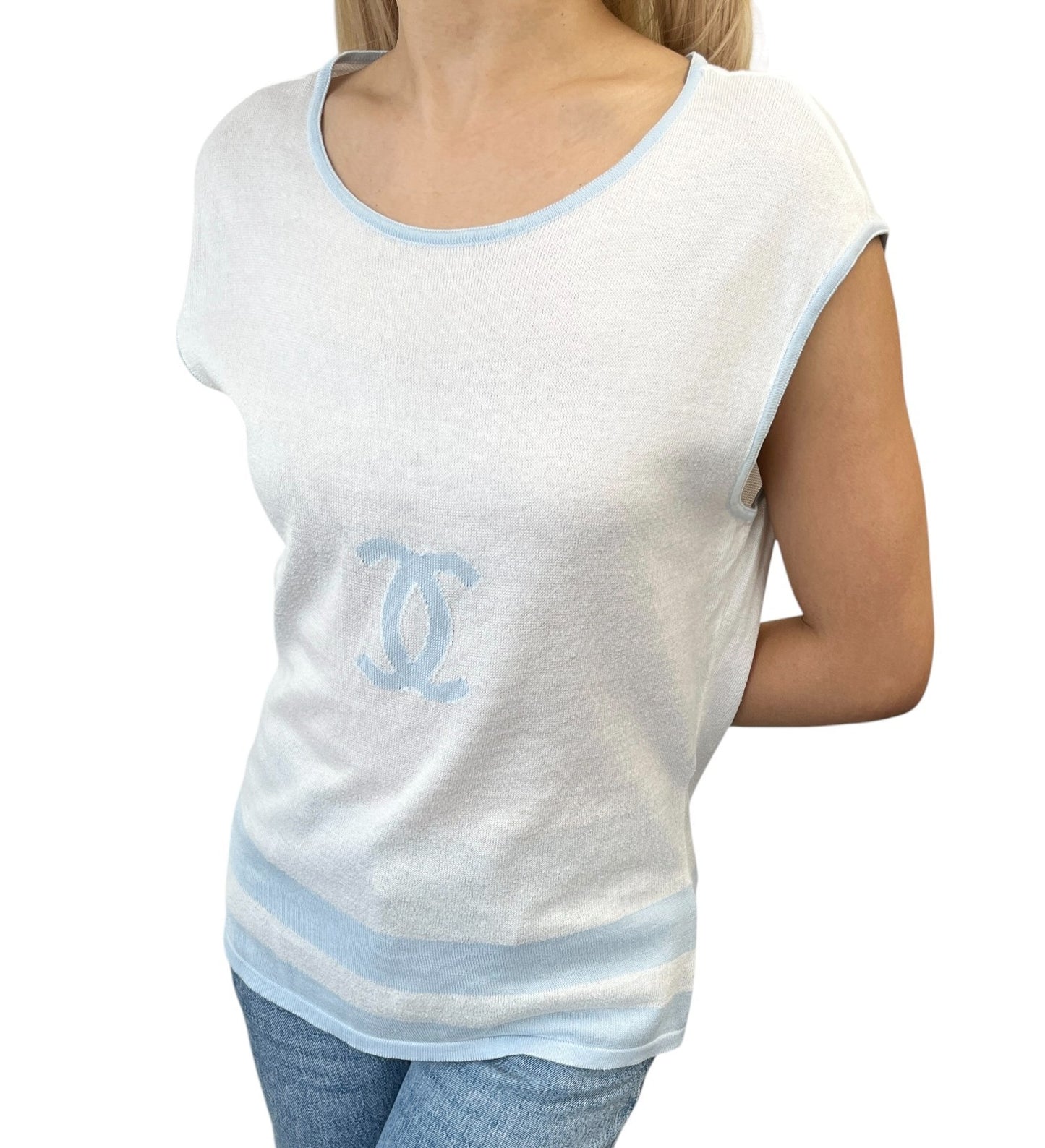 CHANEL Vintage 00S CC Logo Knit Tank Top #42 Sleeveless Blue White 901947