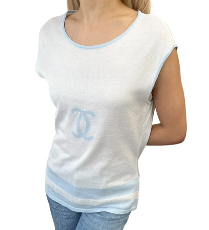 CHANEL Vintage 00S CC Logo Knit Tank Top #42 Sleeveless Blue White 901947