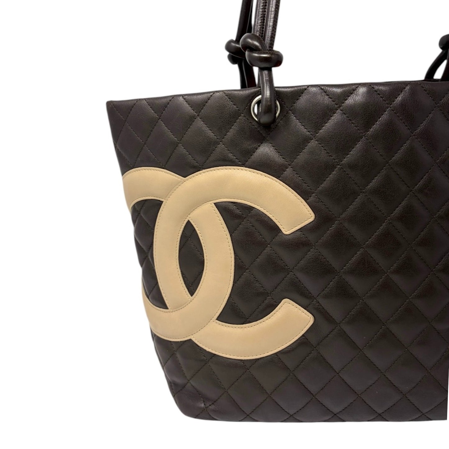 CHANEL Vintage Cambon Line CC Logo Quilted Tote Bag Brown Beige Leather