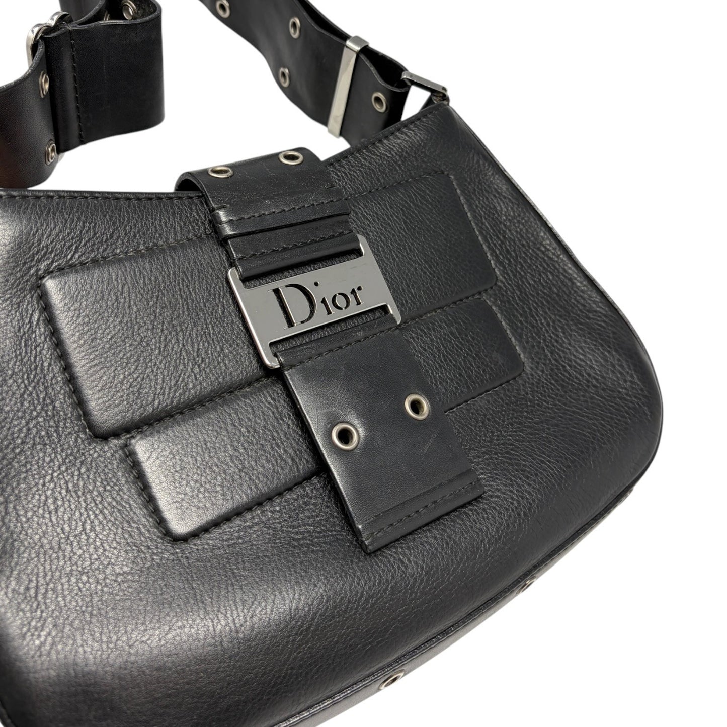 Christian Dior Vintage Street Chic Shoulder Bag Black Silver Leather 902204