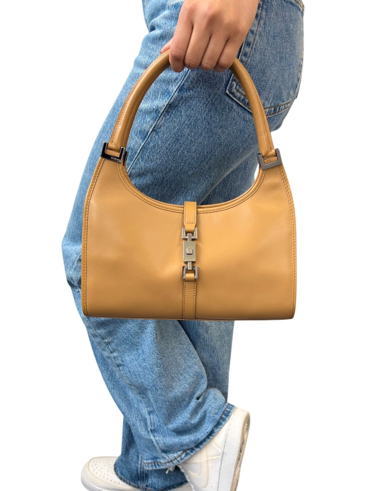 GUCCI Vintage Jackie Logo Hobo Shoulder Bag Handbag Brown Silver Leather