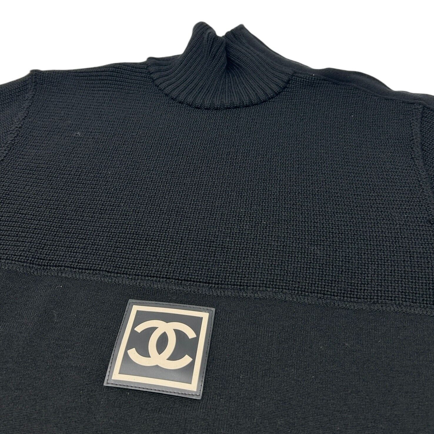 CHANEL Sport Vintage 02A CC Logo Sweater #42 Top Black Wool High Neck Rank AB