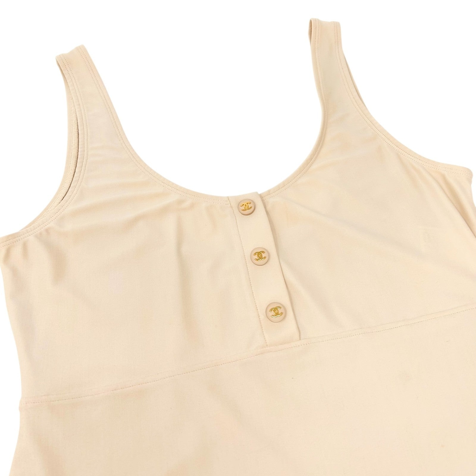 CHANEL Vintage 97C CC Logo Swimsuit Swimwear One-piece Button #40 Beige Nylon