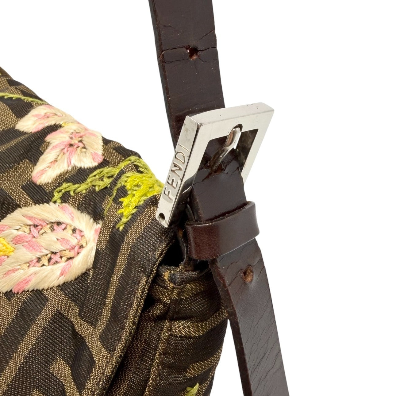 FENDI Vintage FF Zucca Mamma Baguette Flower Shoulder Bag Canvas Brown 901848