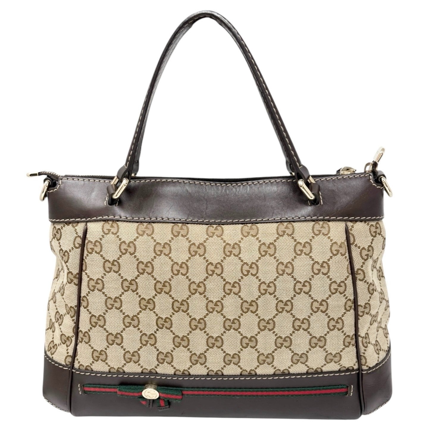 GUCCI Vintage GG Monogram Web Stripe 2way Shoulder Bag Beige Brown Ribbon