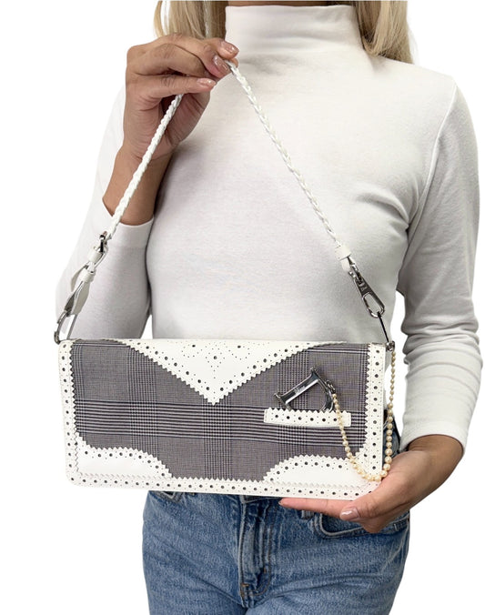 Christian Dior Vintage D'trick Beads Bag Gray White Cotton Leather 902922