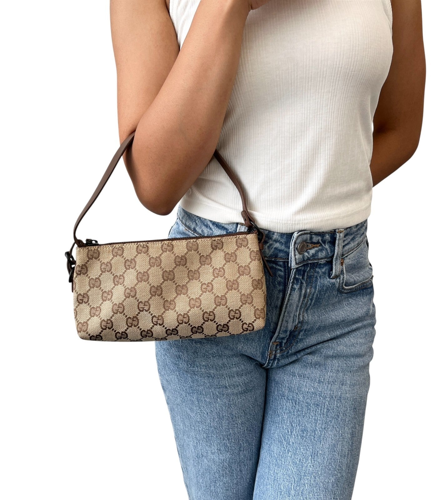GUCCI Vintage GG Monogram Shoulder Bag Pochette Beige Brown Leather 902034