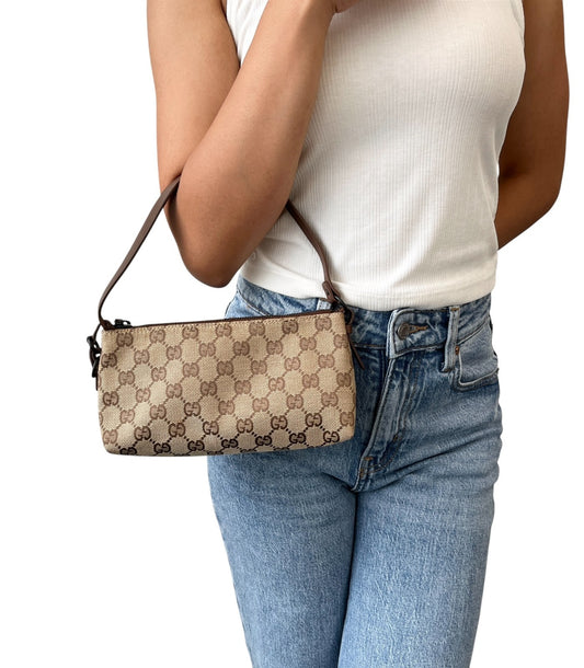 GUCCI Vintage GG Monogram Shoulder Bag Pochette Beige Brown Leather 902034