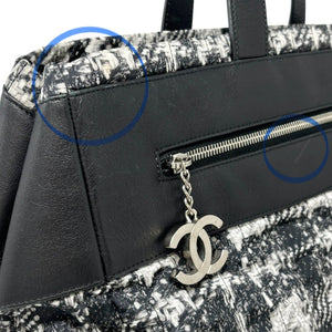 CHANEL Vintage 2013 CC Logo Tweed Print Tote Bag Black Silver Nylon Leather