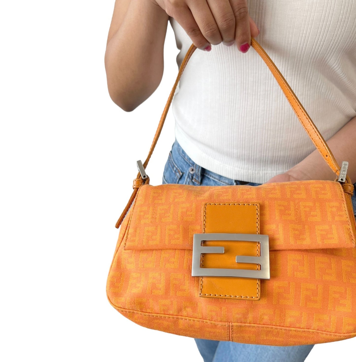 FENDI Vintage Logo Zucchino Mamma Baguette Mini Shoulder Bag Orange 902036